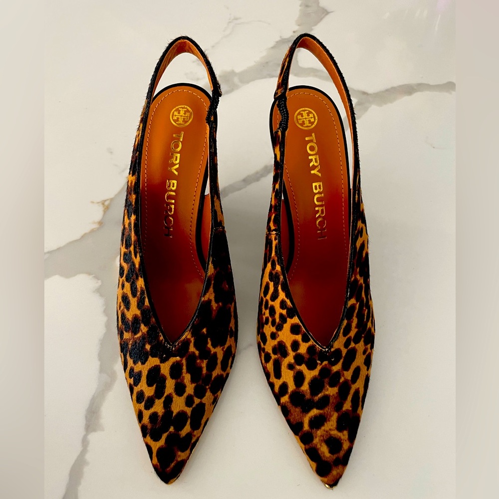 Tory Burch Lila Slingback Leopard Pumps, size 8.5